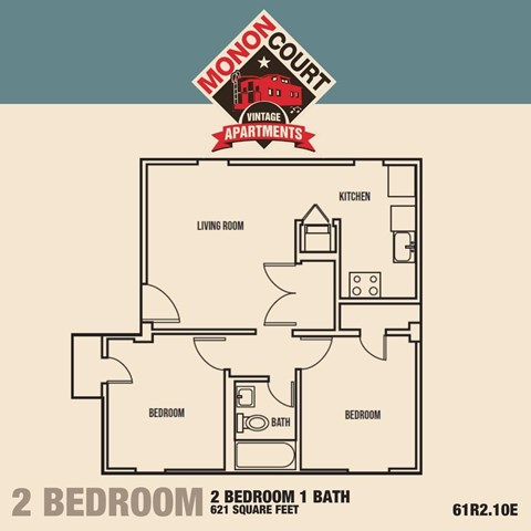 Floor plan for 2 beds, 1 bath, 645 sqft